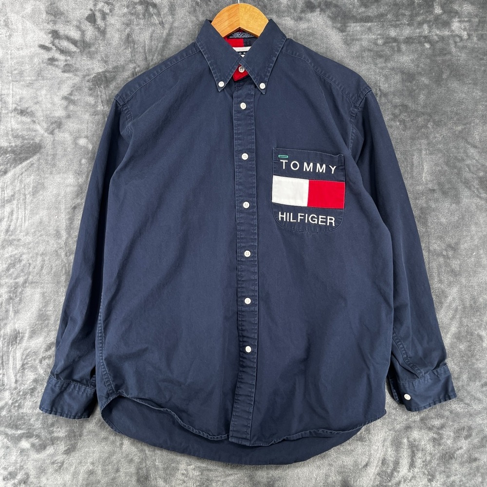 Vintage 90s Tommy Hilfiger Shirt Men's Small Navy Blue Color Block Big Logo EUC